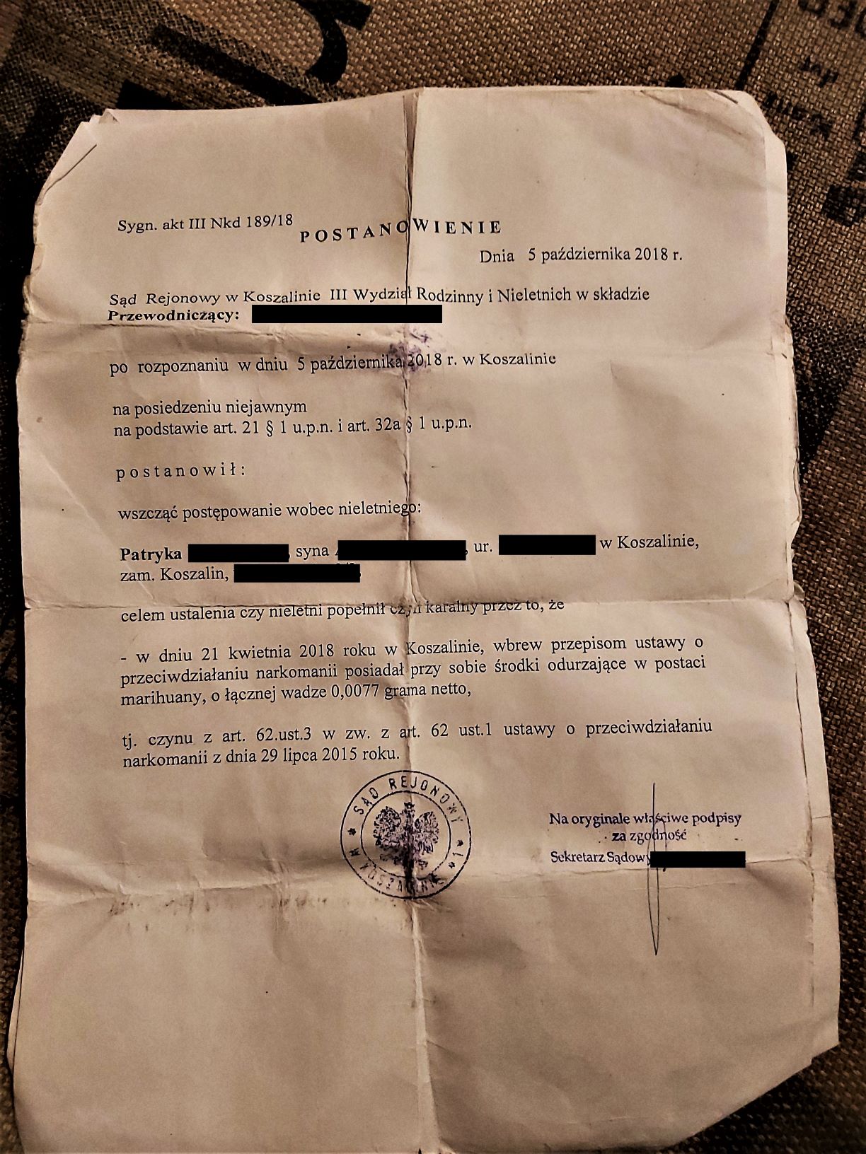 Nastolatek został aresztowany za okruchy marihuany. 0,007 grama