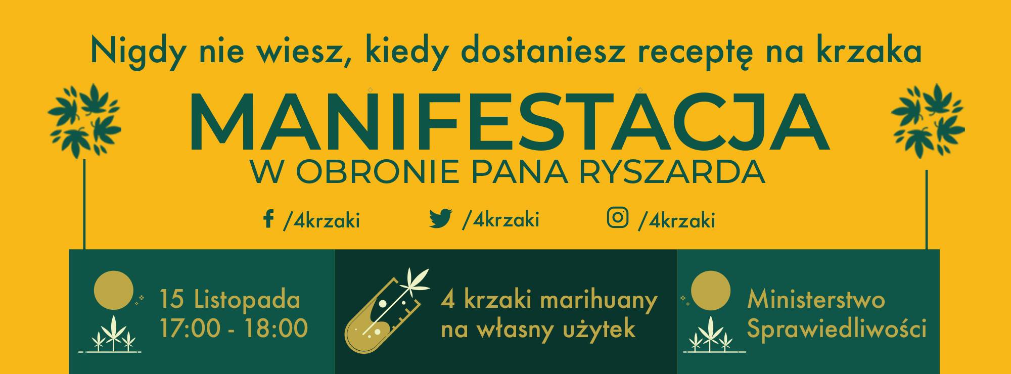 Leczenie marihuaną jest dla niego jedynym ratunkiem. Jednak przy skromnym zasiłku nie stać pana Ryszarda na medyczną marihuanę dostępną w aptece. Zdecydował się na domową uprawę i przez to grozi mu nawet 15 lat za kratkami! Konopni aktywiści już 15 listopada o godz. 17.00 będą manifestować w obronie pokrzywdzonego pacjenta.