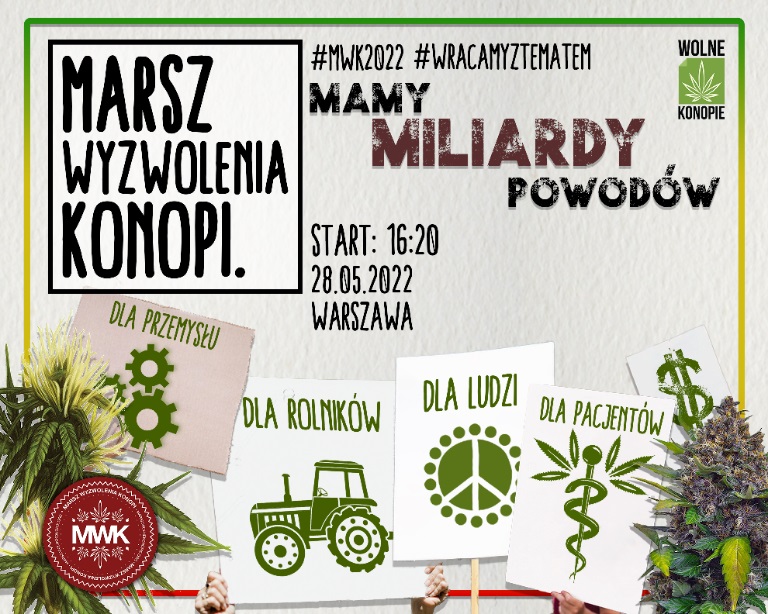Po dwóch latach zastoju wywołanego pandemią Wolne Konopie wracają z tematem. Już 28 maja na ulicach Warszawy stowarzyszenie zaplanowało Marsz Wyzwolenia Konopi 2022. Tak jak w poprzednich latach tysiące zwolenników ubranych na zielono wyjdzie na ulice stolicy, żeby zaakcentować swoje poparcie dla legalizacji konopi indyjskich.