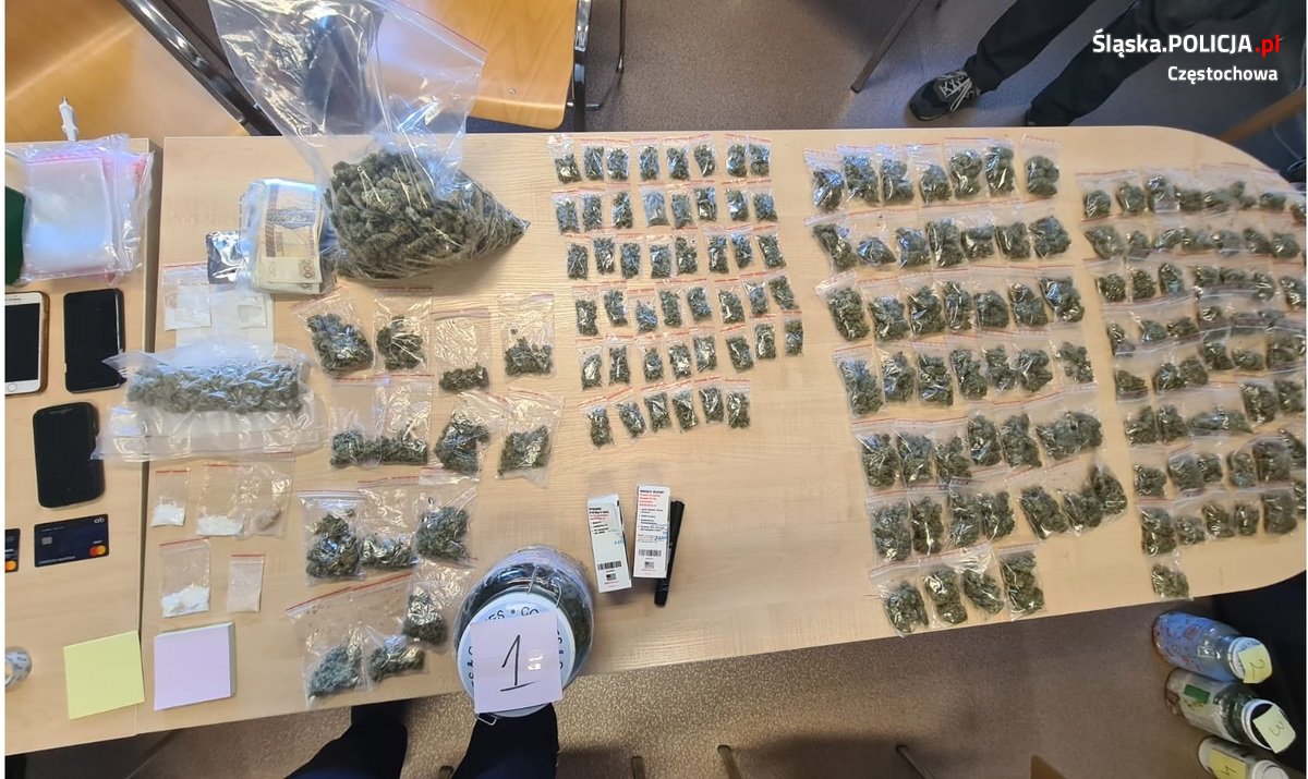 W momencie, gdy policjanci zapukali do drzwi jego mieszkania zaczął wyrzucać przez okno marihuanę, amfetaminę i metafmetaminę. Pozbywanie się towaru w ten sposób jednak nie uratowało 24 letniego mieszkańca Częstochowy.